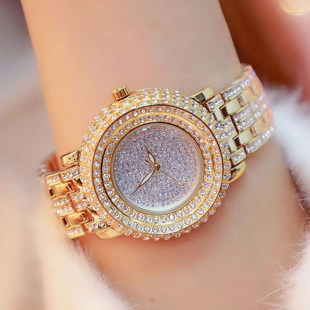 Fashion Luxury Crystal watch 43MM big dial steel Gold Quartz Watch Rhinestone Women Watches Clock female Ladies Dress Wristwatch