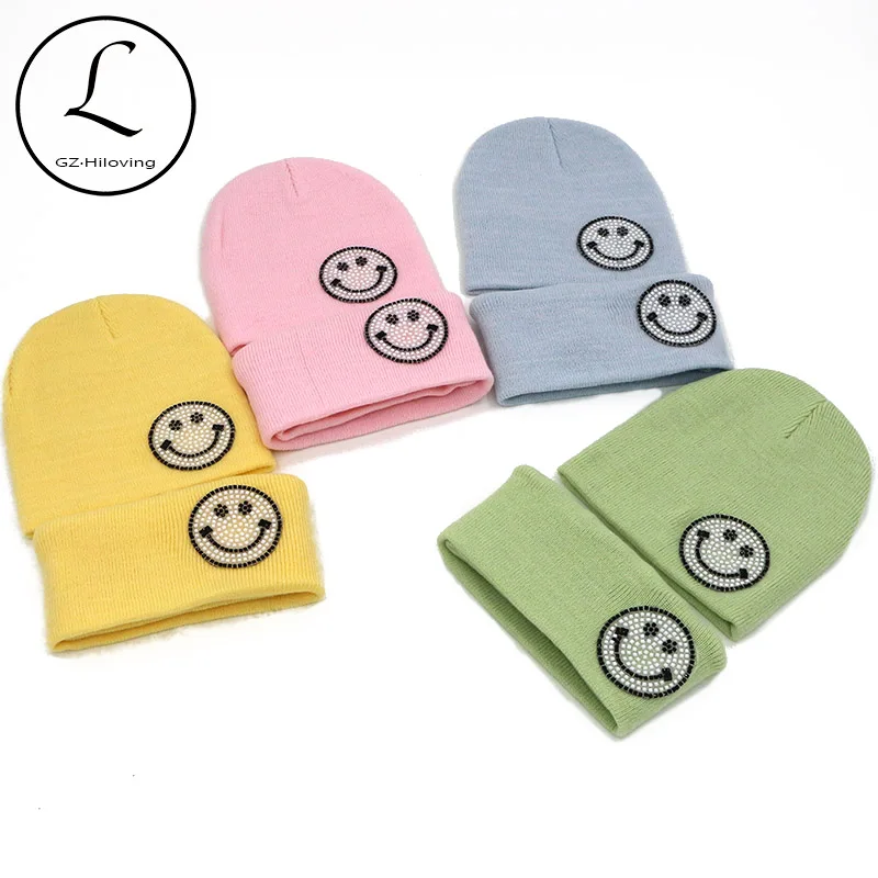 Conjunto de gorro y bufanda para niños y niñas, conjunto de 2 piezas, bonito Color sólido caramelo, sonrisa, gorro de punto, bufanda, cálido para