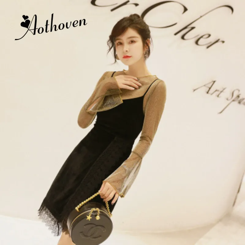 

2 Piece Set Women Suit 2020 Spring Long Flare Sleeve Mesh Shirt Top and Velvet Elegant Spaghetti Strap Dress Ladies Vestidos