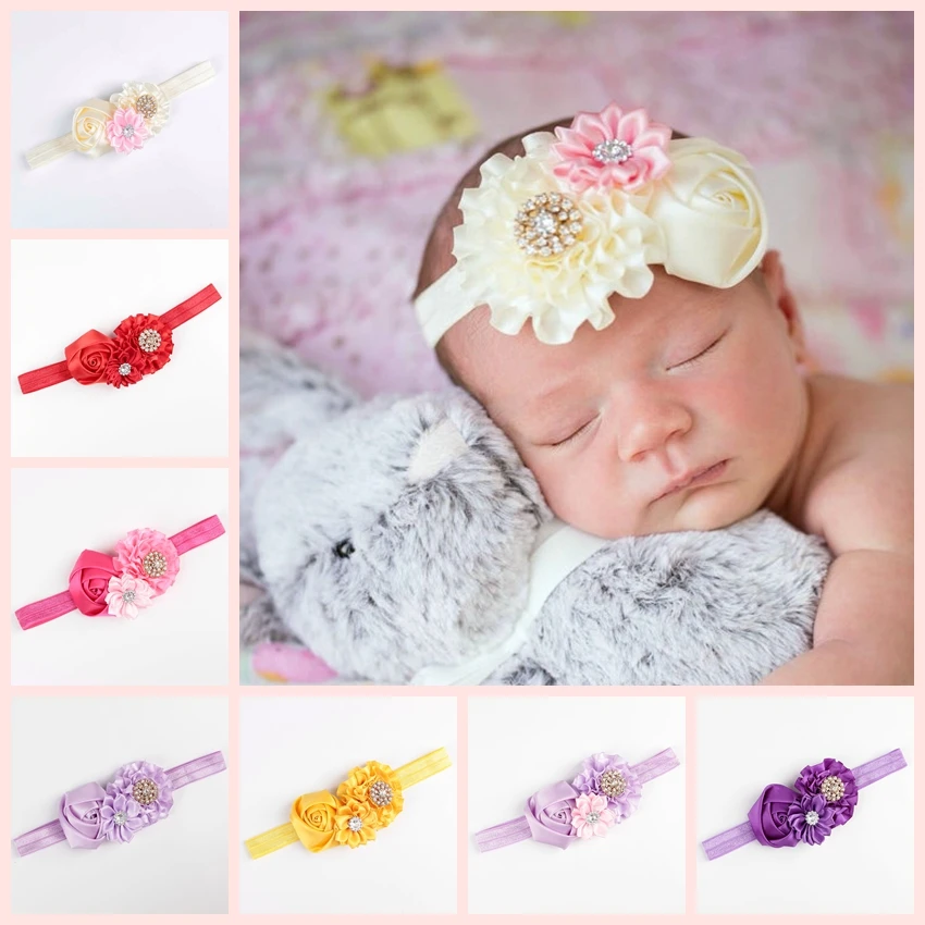 Baby Girls Hair Accessories Rhinestone Headband Ribbon Rose Flower Hair Band Head Accessories Cute Girls Gift