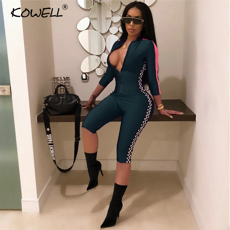 2018 Spring Summer Women Racing Print White Black Grid Jumpsuits Fashion Body Suit Zip Up Sexy Women Rompers Workout Overalls