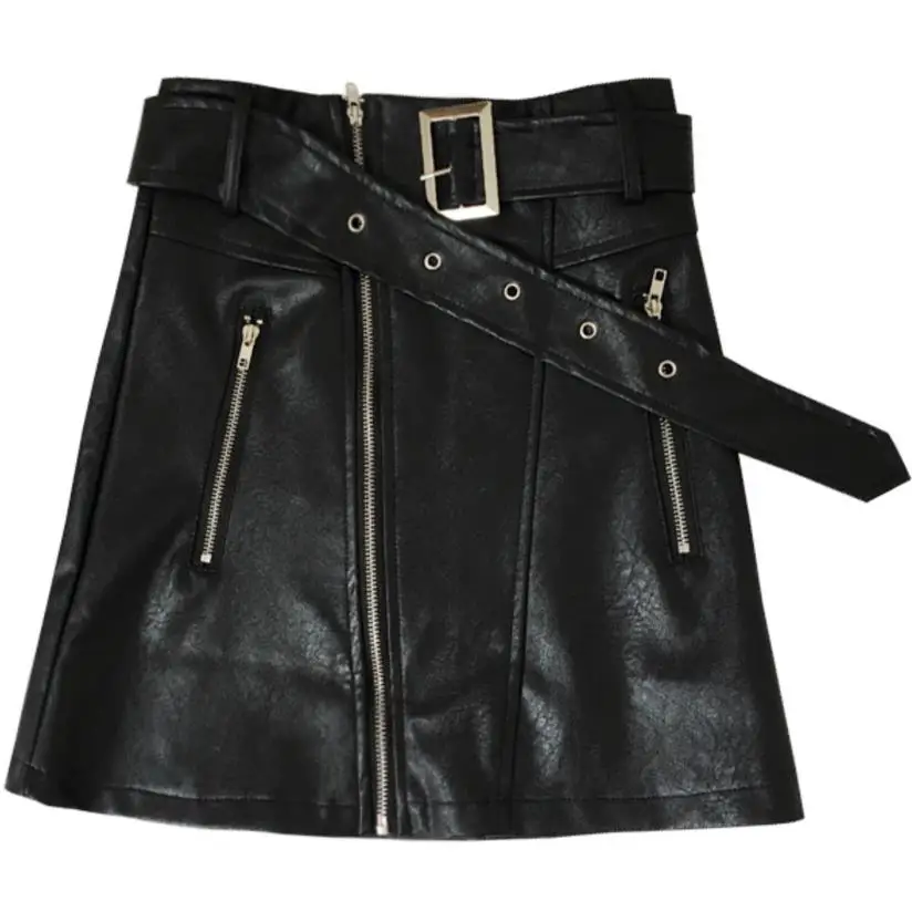 

Autumn Winter PU Leather Skirts Women mini Skirt Black Double Zipper high waist a-line skirt