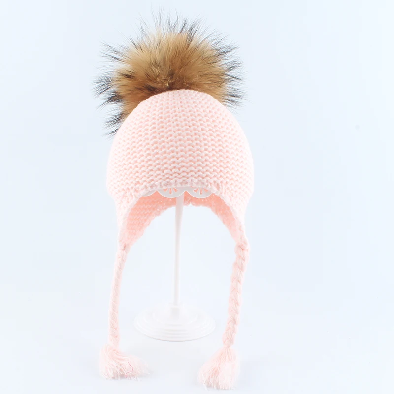 FURANDOWN New Fashion Kids Beanie Winter Pompon Hats For Children Girls Knitted Wool Earflap Beanies Cap Crochet Baby Hat