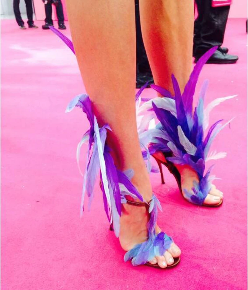 Summer Ladies Blue Purple Feather T-Strap Sandals Women Open Toe Sexy  Ankle Buckle Ladies Catwalk  Feather High Heels