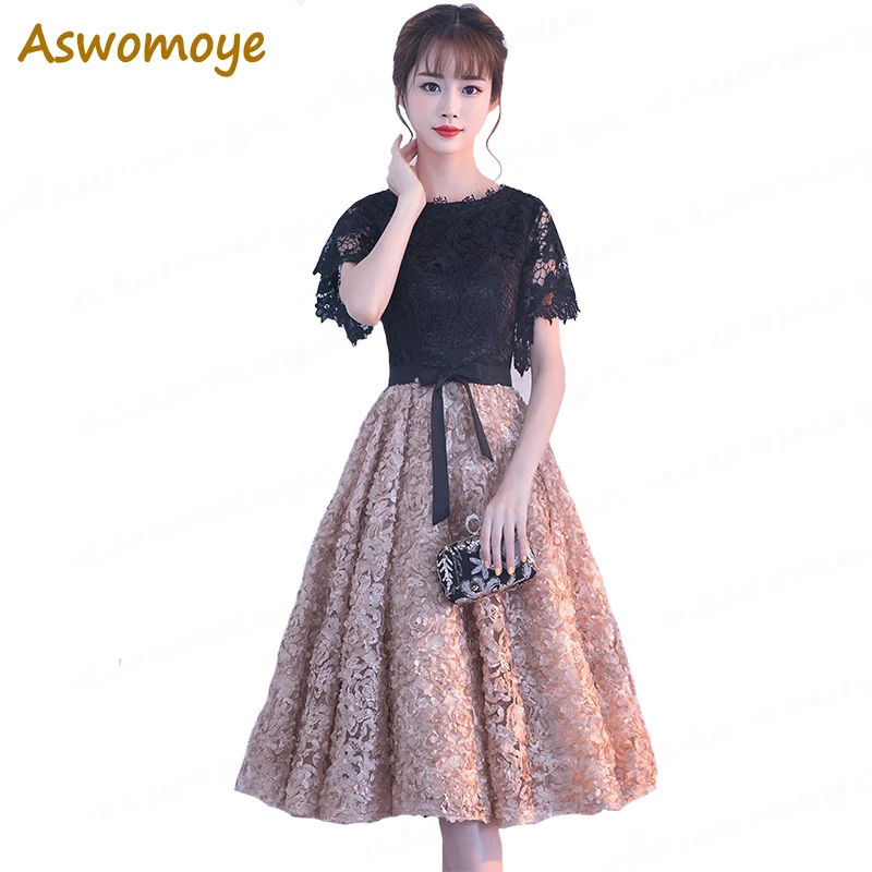 

Women Elegant Lace Evening Dress 2018 A-Line Short Sleeve Evening Gowns Party Formal Dresses Haute Couture robe de soiree