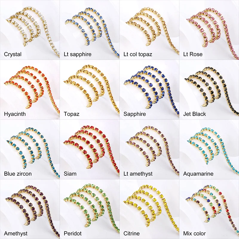 Densely Rhinestone SS6-SS12 Golden Rhinestone Cup chainMulti colors Crystal chains 3/5yards for Garment Bags Nail DIY Accessoire