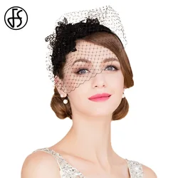 FS Fascinators Black With Veil White Wedding Hats Mesh Gauze Patchwork Women Pillbox Hat Party Formal Cocktail Church For Ladies