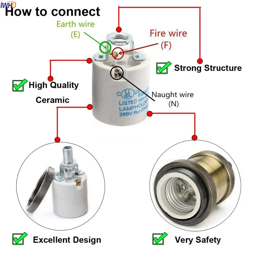 IWHD DIY Vintage Fitting Soquete E27 Lamp Holder Base Socket 110-220V Douille E27 Socket Bulb Light Holder Lampholder CE UL