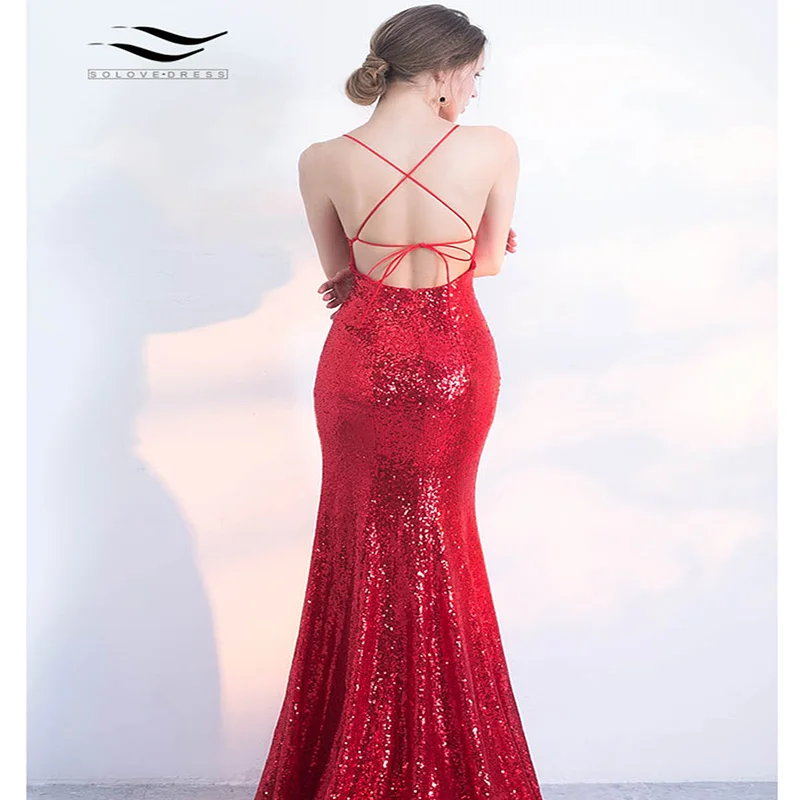 Solovedress formal com decote em v vestido de noite fotos reais mulher 2018 spagetti strap elegante sereia vestido com faixa SL-S001