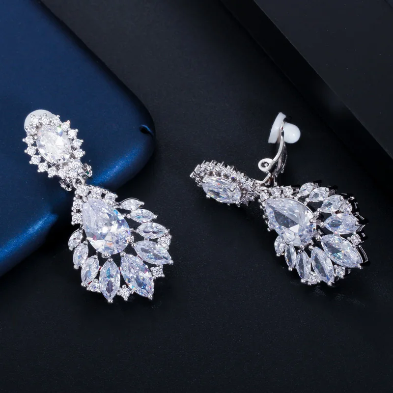 CWWZircons Gorgeous Silver Color Dangle Drop CZ Zirconia Women Long Clip On Earrings for No Pierced Hole Ears CZ006