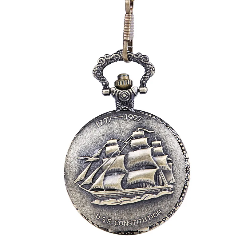 8040     Retro large thick chain sailing flat pocket watch classic nostalgic embossed sailing pocket watch