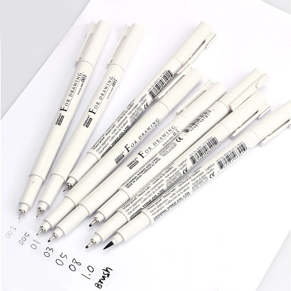 8pcs/Lot Marvy Multi Needle Drawing Micron Cartoon Marker Brush Liner Pigment Fine Point Pens Anime Stationery School Supplies