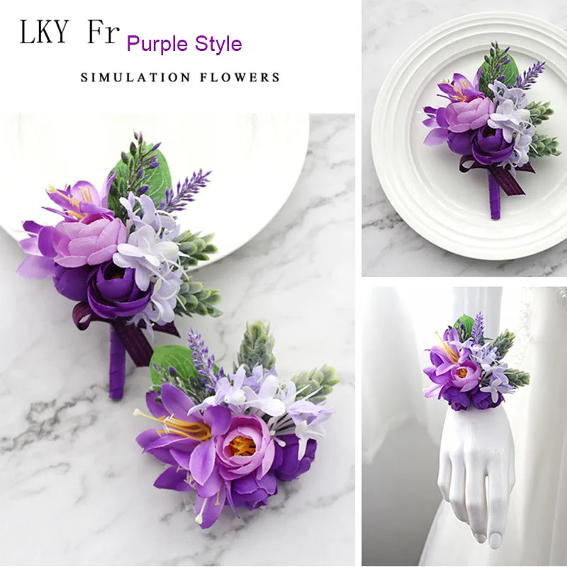 LKY Fr Boutonniere przypinki nadgarstek stanik bransoletka druhna kwiaty fioletowe róże ślub Groom Boutonniere Buttonhole Prom