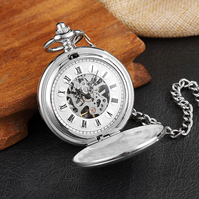 Antique Engraved Silver Case Mechanical Pocket Watch Double Flip Cover Skeleton Steampunk Pendent Necklace Clock Fob Watches