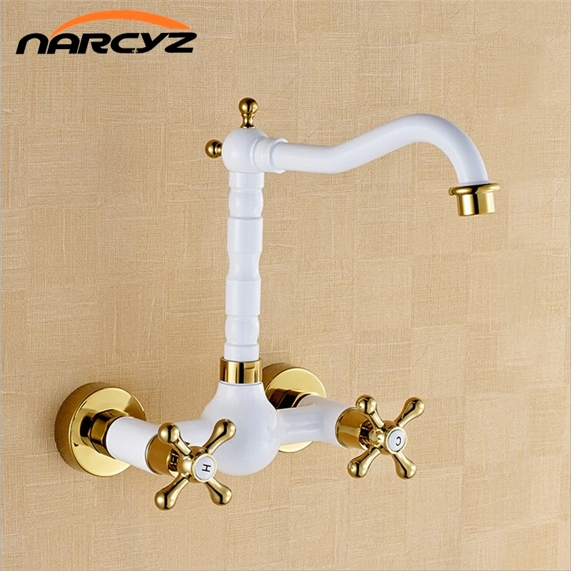 Wall Brass White Painted With Gold Hot&Cold Bathroom Kitchen Basin Sink Faucet Mixer Tap W3013