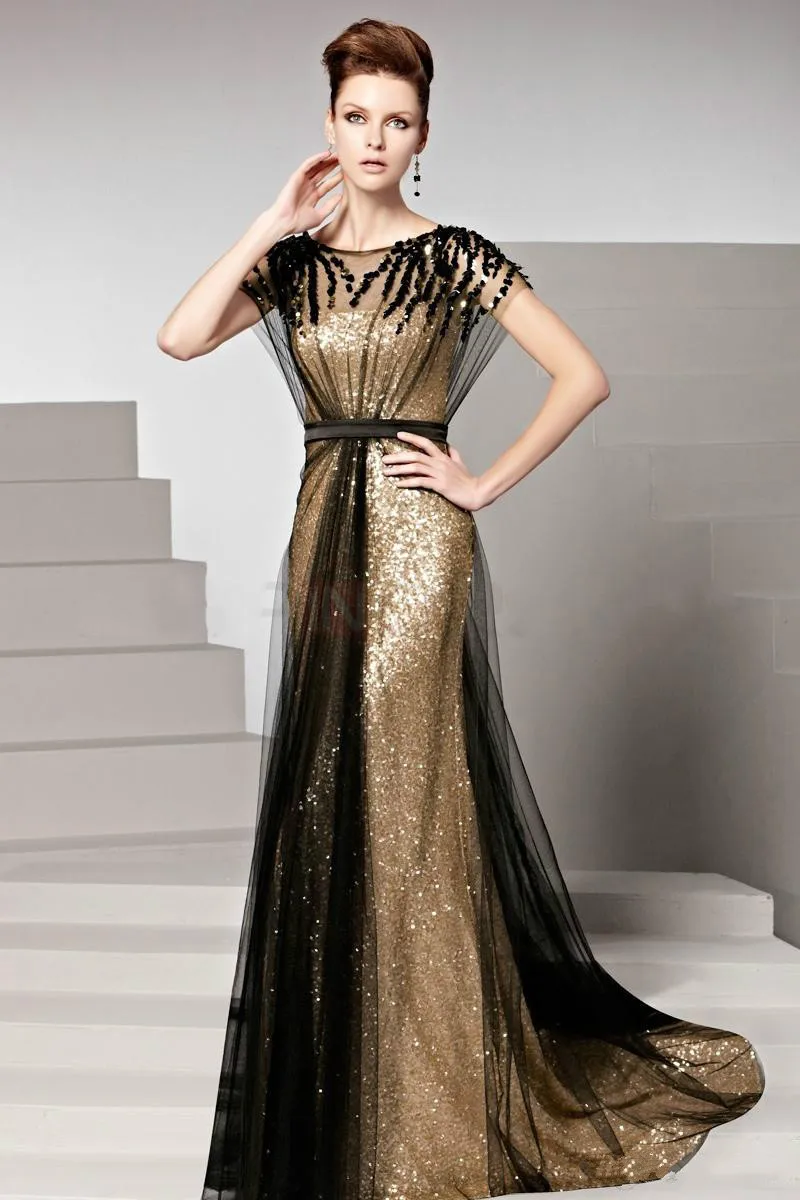 New Fashion Scoop Crystal Black Tulle Long Evening Dress Gold Sequn Lace Long A line Elegant Evening Gowns Custom Make