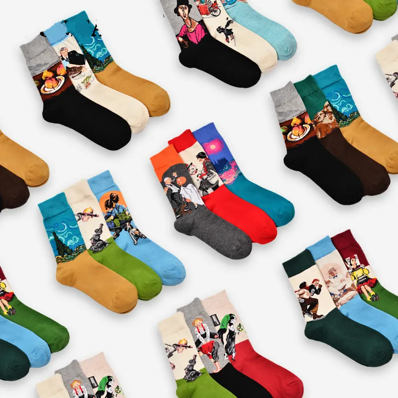 New Retro Art Cotton Women Men Crew Socks Famous Painting Series Pattern Novelty Casual Colorful Harajuku Design Sox Funny Hot