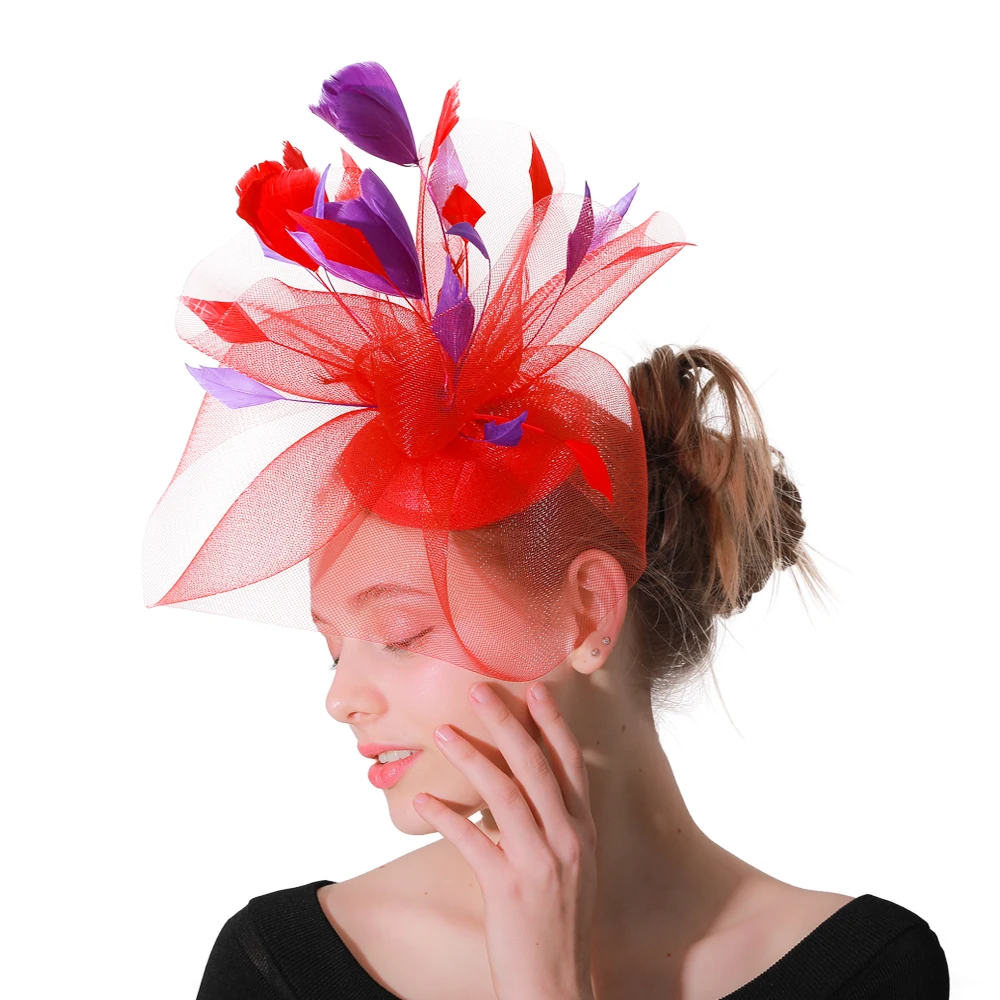 Moda pomarańczowe kobiety fascynatory włosów akcesoria kapelusze dla eleganckich pań śubne nakrycie głowy Party Tea Royal Fancy Feather Headpiece