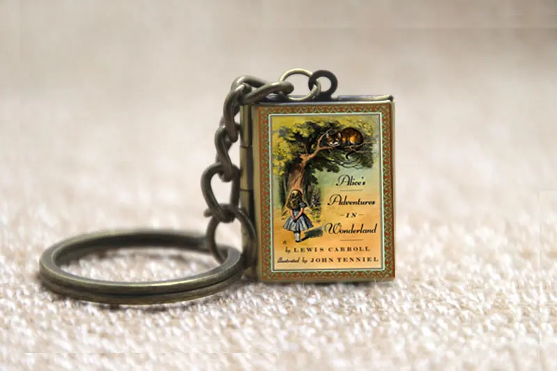 Lewis Carroll Alice in Wonderland Book Cover Locket Necklace keyring silver & Bronze tone image 5