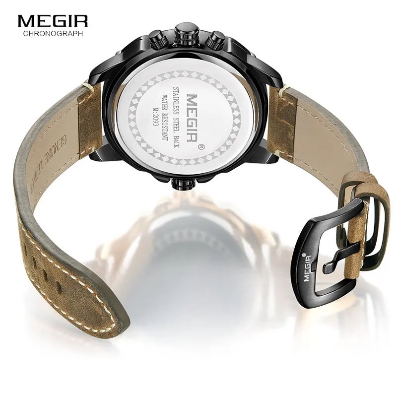 MEGIR Men\'s Double Time Zone Chronograph Quartz Watches Waterproof Lumious Leather Band Army Sports Wristwatch for Man 2093G-BK