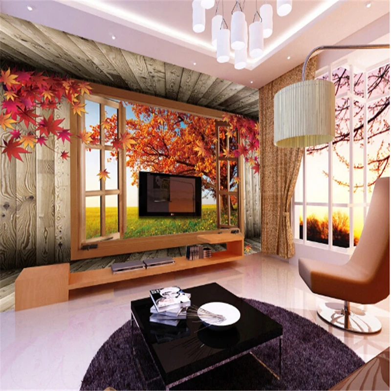 beibehang  3D stereoscopic romantic red maple headroom wallpaper the living room sofa wall painting wood papel de parede