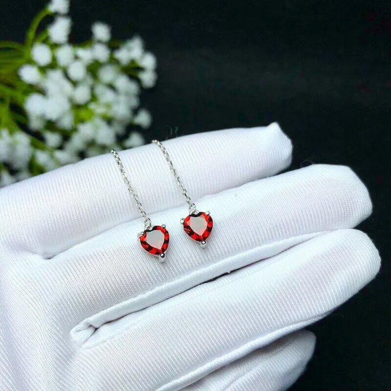 KJJEAXCMY fine jewelry 925 pure silver inlaid natural garnet flame color female section heart-shaped ear stud line support t