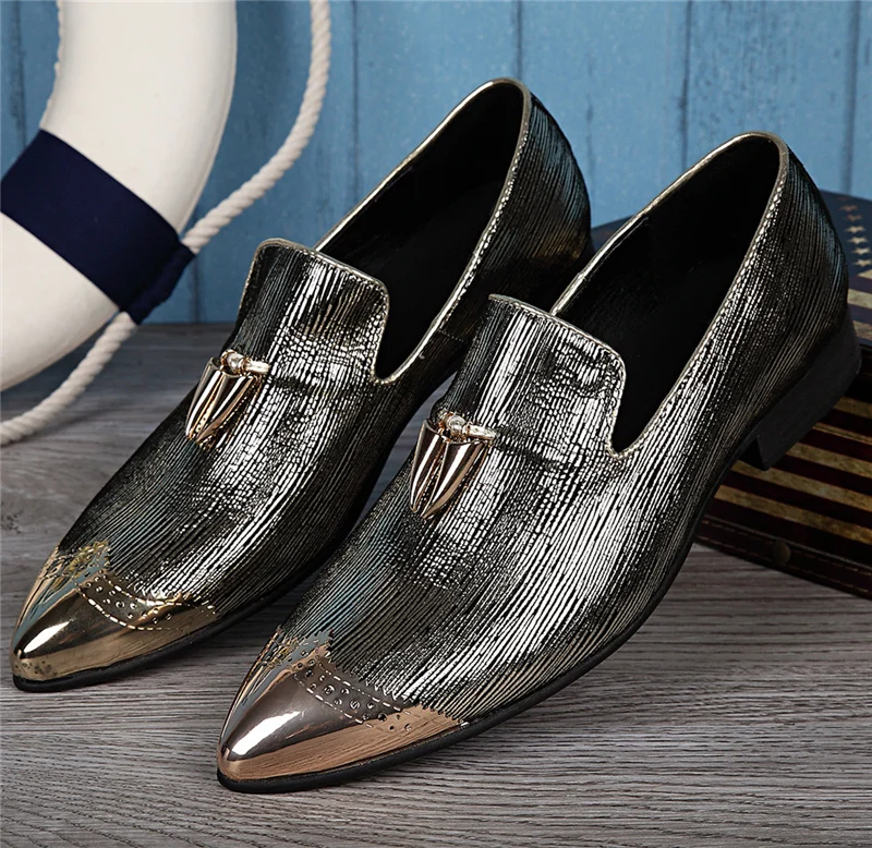 

sapato social metal gold steel toe glitter dress wedding shoes mens tassel slip on causal loafers male italian flats size47