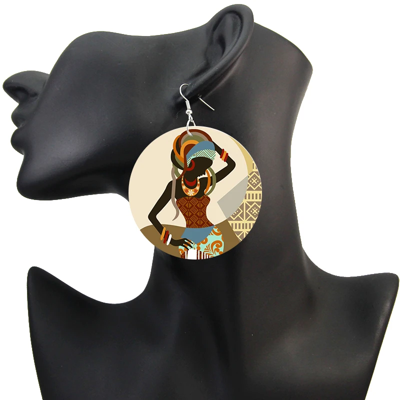 SOMESOOR Retro African Headwrap Woman Wood Drop Earrings Afrocentric Ethnic Photos Both Sides Printing Jewelry For Women Gifts