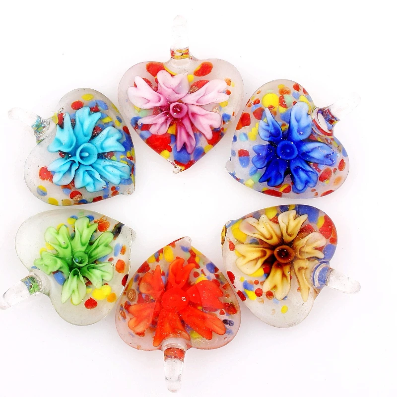 Qianbei Fashion Handmade Murano Lampwork Glass Mix Color Flower Heart Pendants For Necklace Wholesale 6pcs