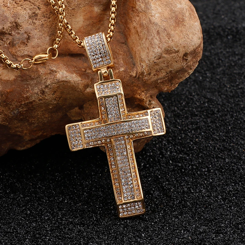 Punk 24 inch 4mm Rolo box chain Stainless steel Full AAA Crystal stone CZ Gold 42mm*57mm Large Cross Pendant Mens Necklace