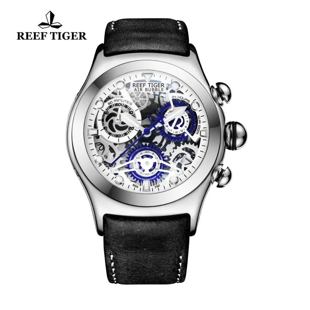 Reef Tiger/RT Casual Sport Watches for Men Blue Skeleton Dial Leather Strap Steel Waterproof Analog Watches Relogio RGA792