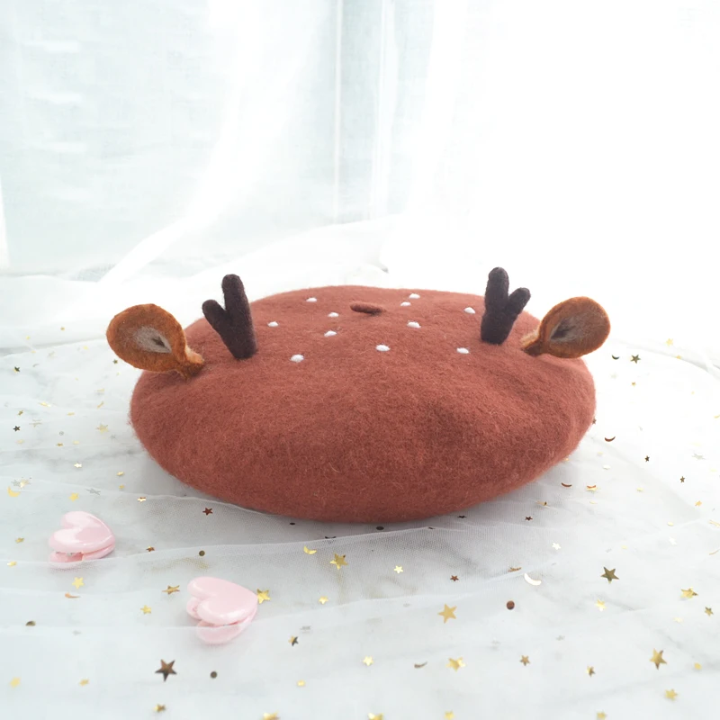 Soft sister lovely checking baize, Japanese antlers ears beret hat creative female Christmas gifts