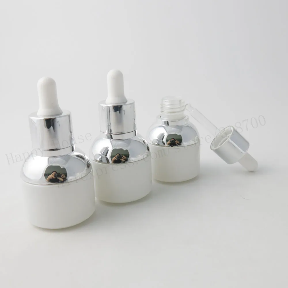 360 x 30ml High Quality Empty Pear White Glass Dropper Bottle With Silver Aluminum Clourse White Rubber 1oz Cosmetic Containers