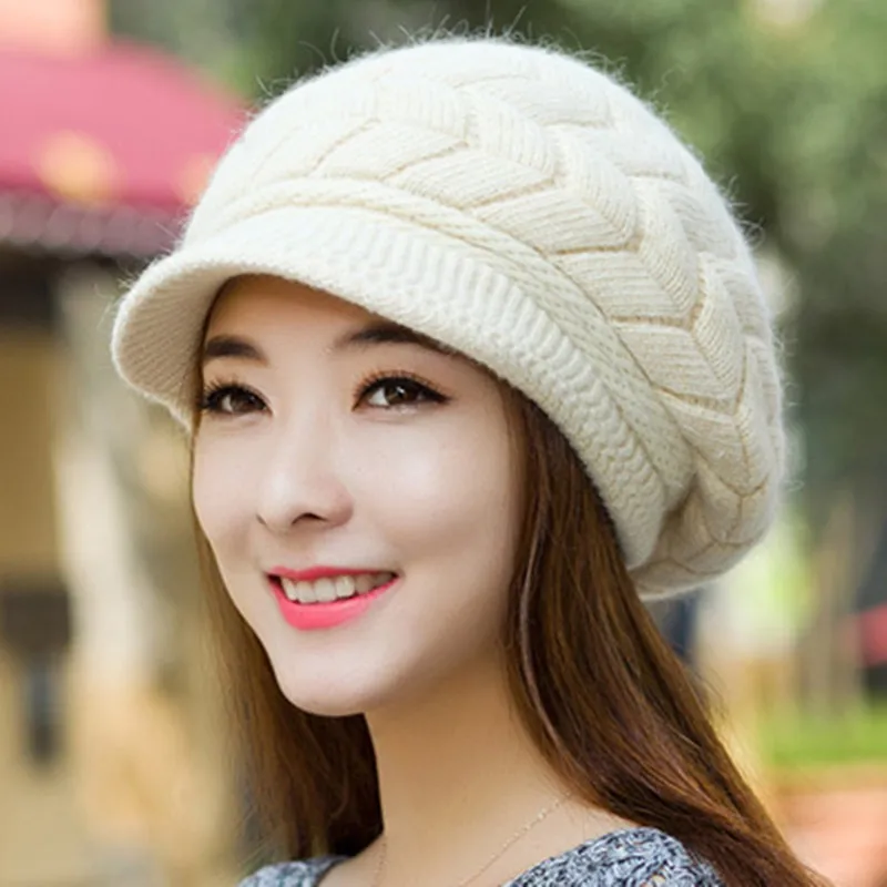 New Women Winter Hat Warm Beanies Fleece Inside Knitted Hats For Woman Rabbit Fur Cap Autumn And Winter Ladies Fashion Hat