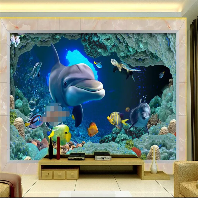 custom HD dolphin fish undersea caves Waterproof Bathroom kitchen balcony PVC Wall paper Self wall sticker Floor mural
