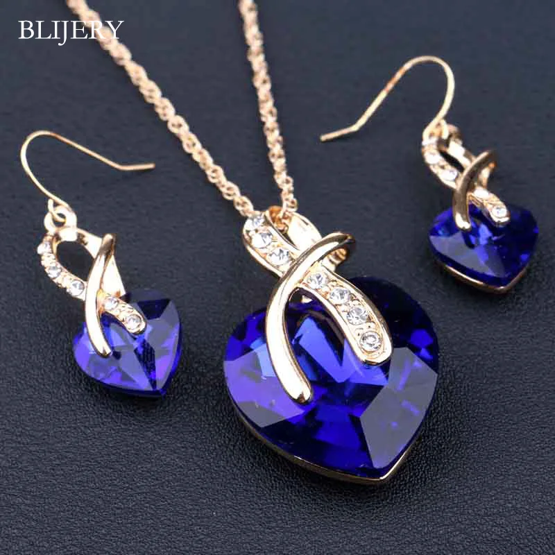 BLIJERY Gold Color Crystal Bridal Jewelry Set Royal Blue Heart Pendant Necklace Earrings Sets for Women Wedding Jewelry Sets