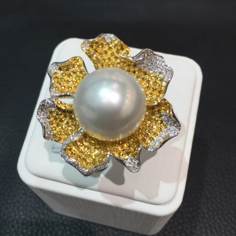 15MM natural pearl ring southsea pearl ring 18K gold with diamond flower  free shipping accept order any size of the ring