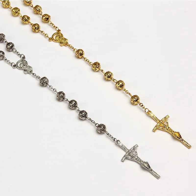 8mm Hollow Golden Catholic Color Rosary Prayer Chain Cross Necklace Long Necklace Necklace Pendant Necklace Men and women