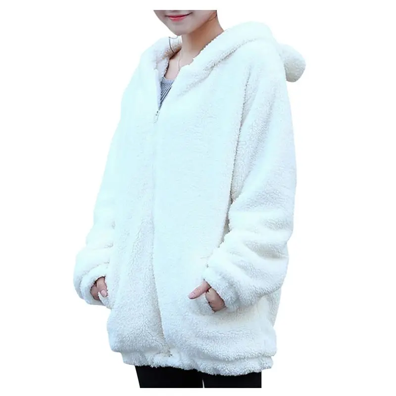 New Women Hoodies Zipper Girl Winter Loose Fluffy Bear Ear Hoodie Hooded Jacket Warm Outerwear Coat Cute Sweatshirt W1