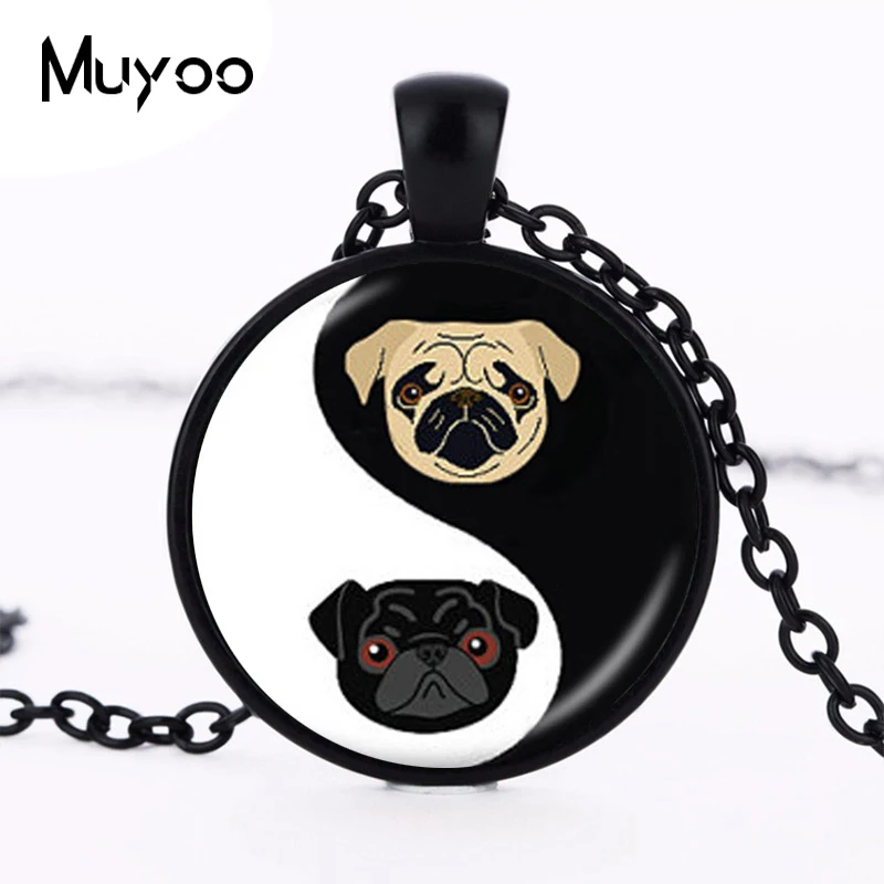 Yin Yang Pug Necklace Black and Tan Bulldog Pendant Dog Jewelry Gifts For Pug Lovers Rescue Jewellery, Glass Dome HZ1