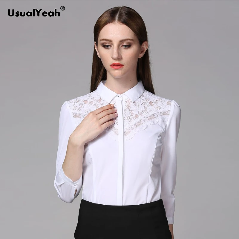 UsualYeah Black Lace Patch Body Shirt Autumn 3/4 Sleeve Smart Office Lady Work Wear Solid Color Bodysuit White