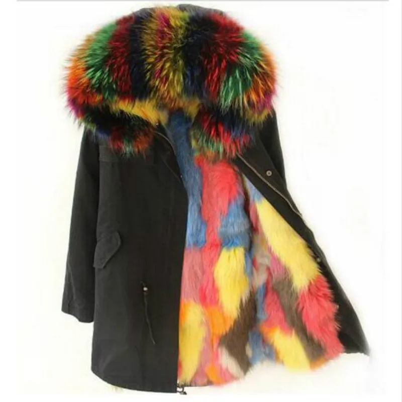 

2022 new Winter Jacket Women Brand Real Large Raccoon Fur Collar Fox Fur Lining Hooded Black long Parka Outwear Free DHL