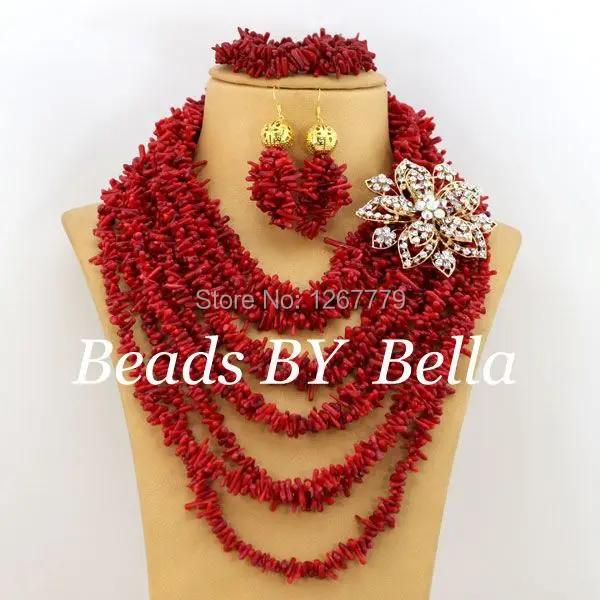 

New Red Nigerian Wedding African Beads Jewelry Set Coral Necklace Coral Beads Jewelry Set Free Shipping ABS068-1