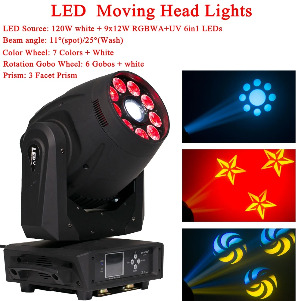 

Lighting LED 120W Spot & 9x12W RGBWA+UV 6IN1 Moving Head Lights Moving Head Lights For Stage DJ Bar Disco Party Night Club Light