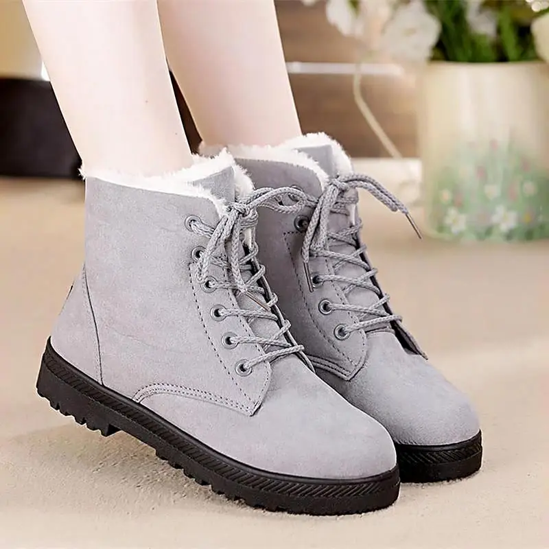 Classic Women Snow Boots Winter Boots Women Lace-Up Flat Heel Ankle Boots for Women Shoes Warm Fur Plush Shoes Woman WSH2461