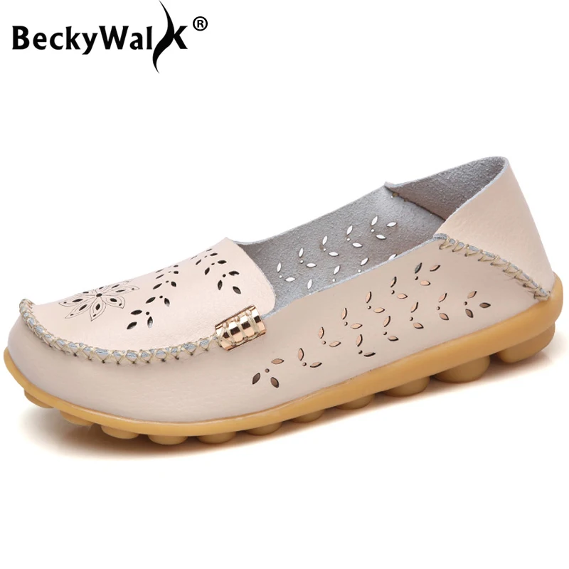 BeckyWalk 2025 New Spring Summer Women Flats Breathable Genuine Leather Women Shoes Soft Sole Loafer Casual Shoes Woman WSH2672