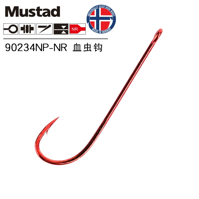 Original Mustad 90234 Fishing Hooks Blood Worm Lure Bait Hook High Carbon Steel Red Hooks High Strength Barbed 1-12# Pesca Hook