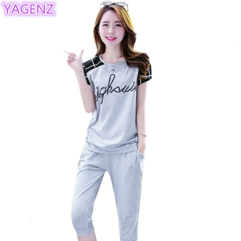 

YAGENZ Casual Tracksuit Set Women Two Piece Set Summer Tops For Women Clothing Sportwear 2 Pieces Set Tops+Seven Points Pants372