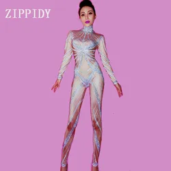 Silver Rhinestones Stretch Nude Jumpsuit Female Performance Leggings Female Singer Bright Bodysuit Costume Nightclub Wear