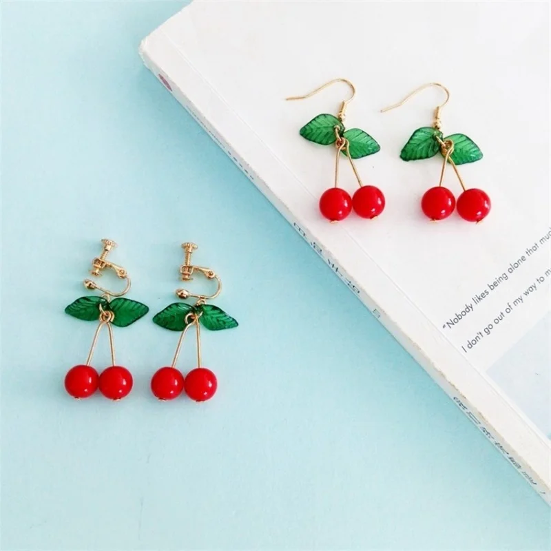 2019 Japanese and Korean Sweet Fashion Youth Girl Student Fruit Cherry Earrings Fresh and Simple Cute Women Earrings Ear Clips